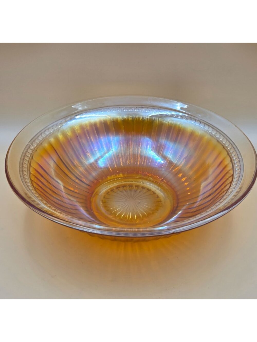 Imperial Glass Optic and Buttons Marigold Carnival Glass 9 Inch Round Bowl
